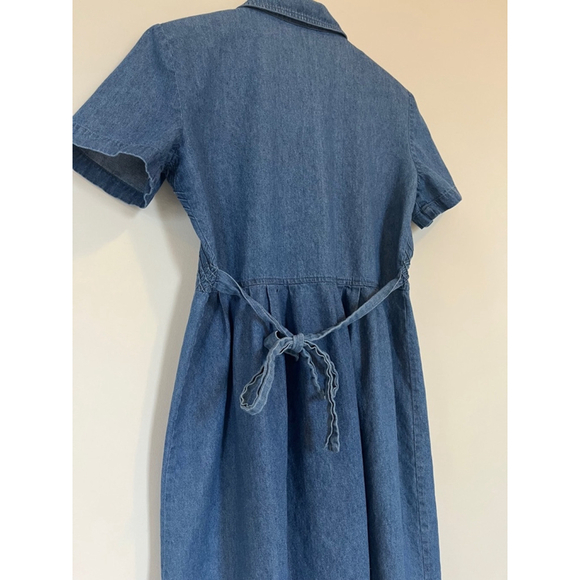 Vintage Women's V.I.Petites Denim Midi Collared Dress Floral Embroidery Bodice - Picture 4 of 8